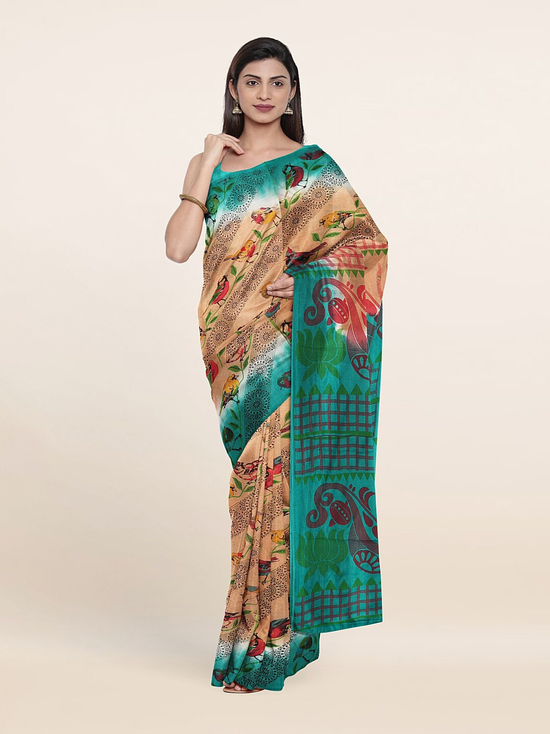

Pothys Beige & Green Floral Printed Pure Cotton Saree