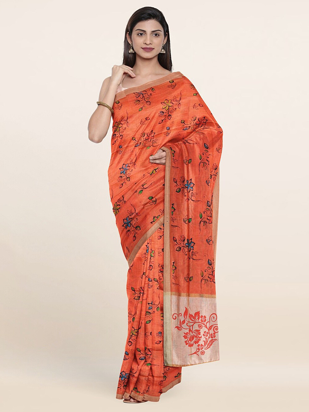 

Pothys Orange & Blue Floral Pure Cotton Saree