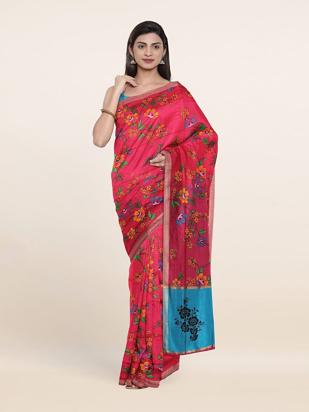 

Pothys Pink & Blue Floral Zari Pure Cotton Saree
