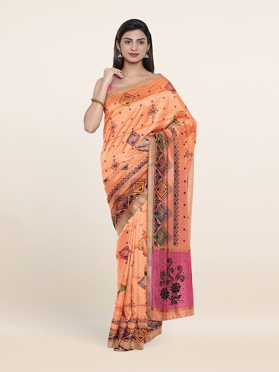 

Pothys Peach-Coloured & Pink Ethnic Motifs Pure Cotton Saree