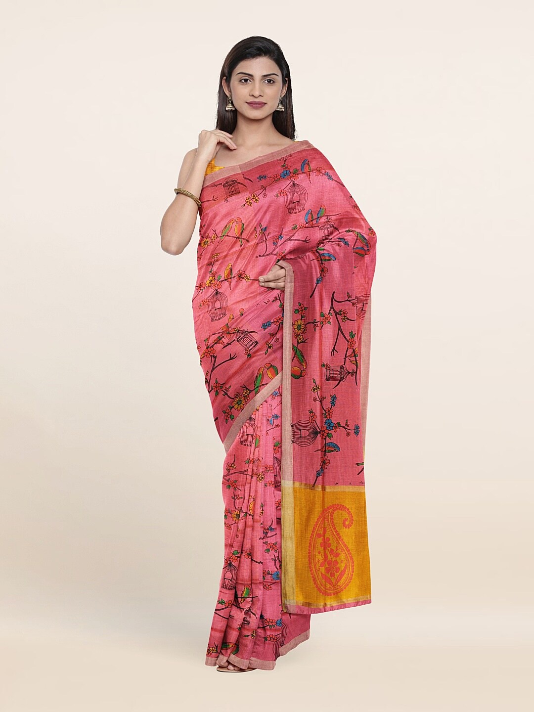

Pothys Pink & Yellow Floral Zari Pure Cotton Saree