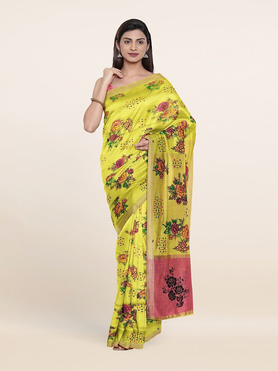 

Pothys Yellow & Pink Floral Zari Pure Cotton Saree