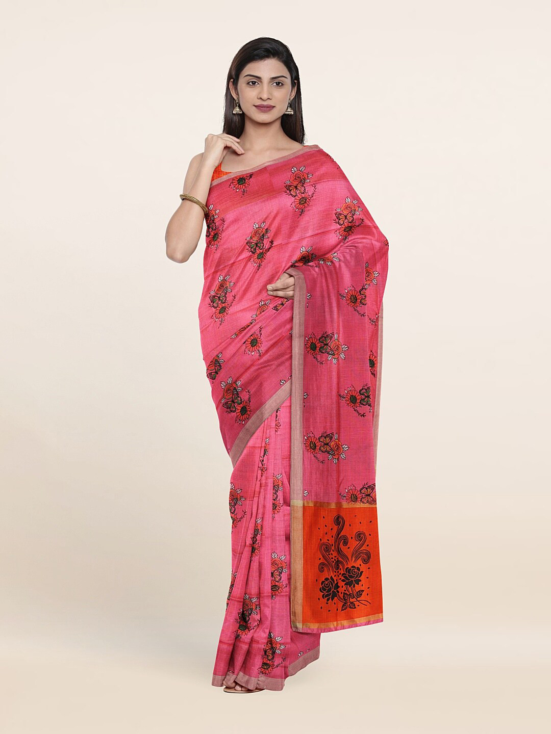 

Pothys Pink & Orange Floral Zari Pure Cotton Saree