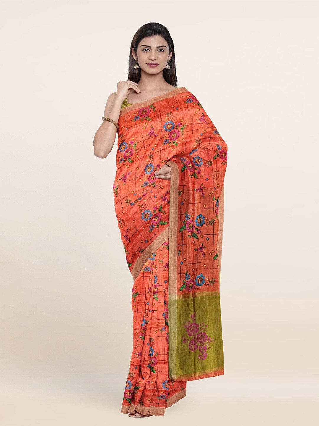 

Pothys Peach-Coloured & Green Floral Pure Cotton Saree