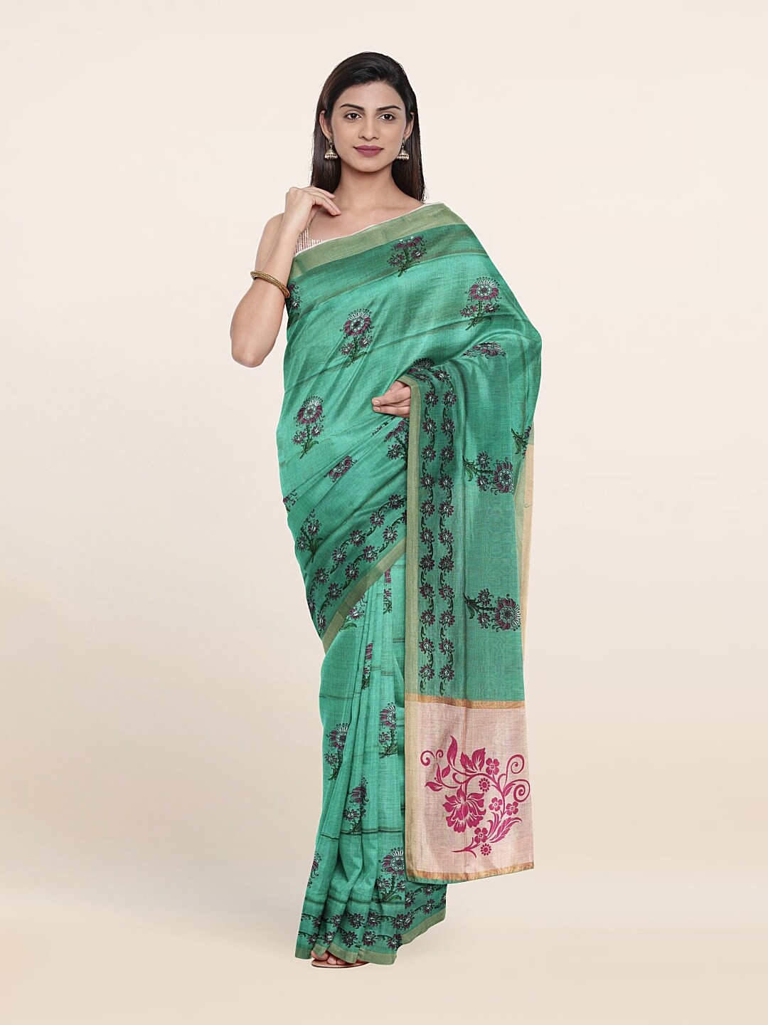 

Pothys Green & Pink Floral Zari Pure Cotton Saree