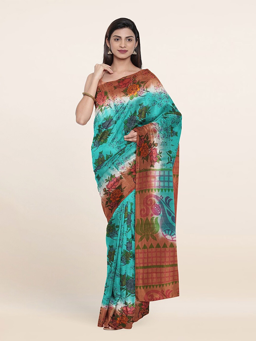 

Pothys Green & Brown Floral Pure Cotton Saree