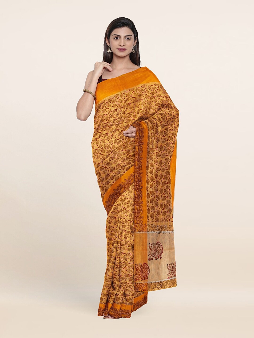 

Pothys Peach-Coloured & Yellow Floral Pure Cotton Saree