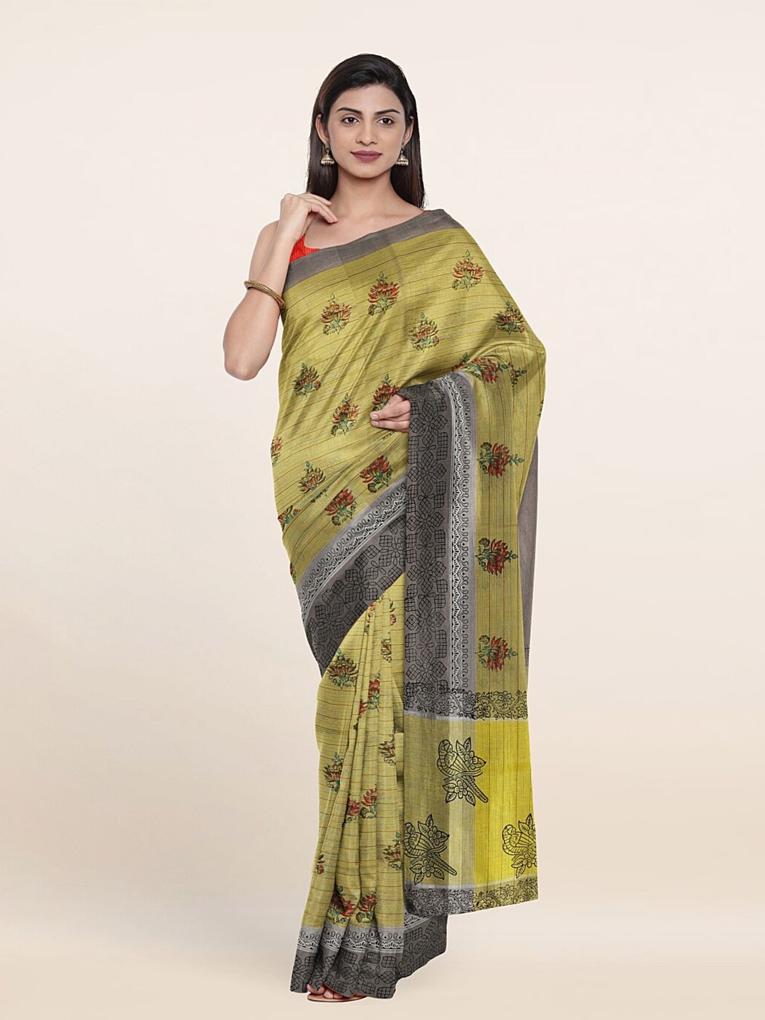 

Pothys Green & Grey Floral Pure Cotton Saree