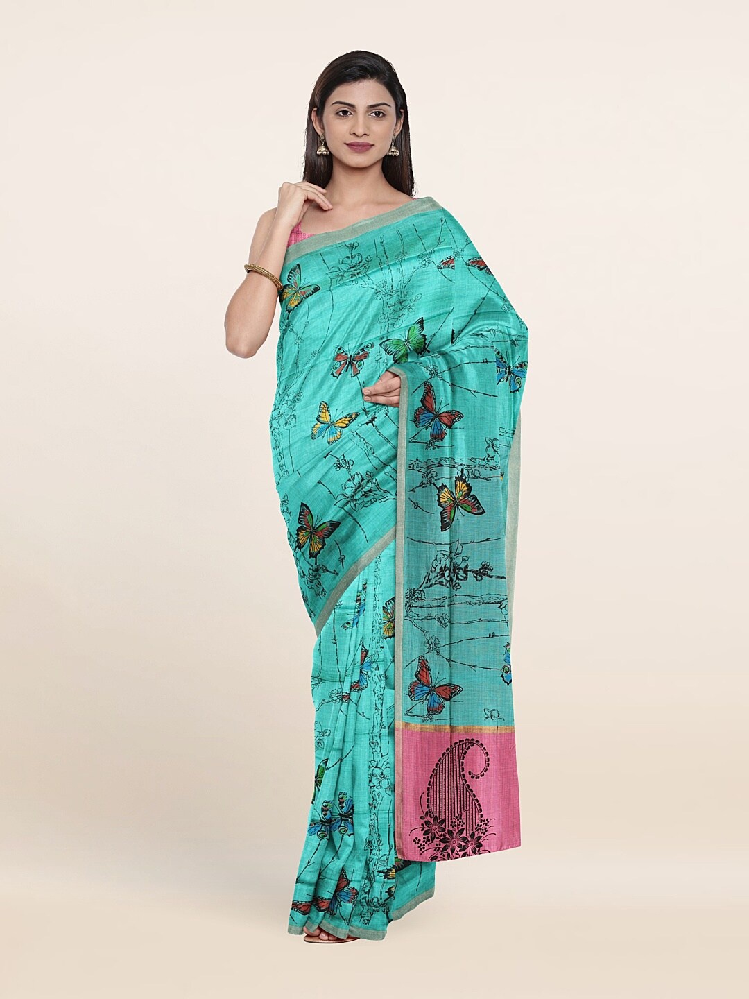 

Pothys Blue & Pink Zari Pure Cotton Saree