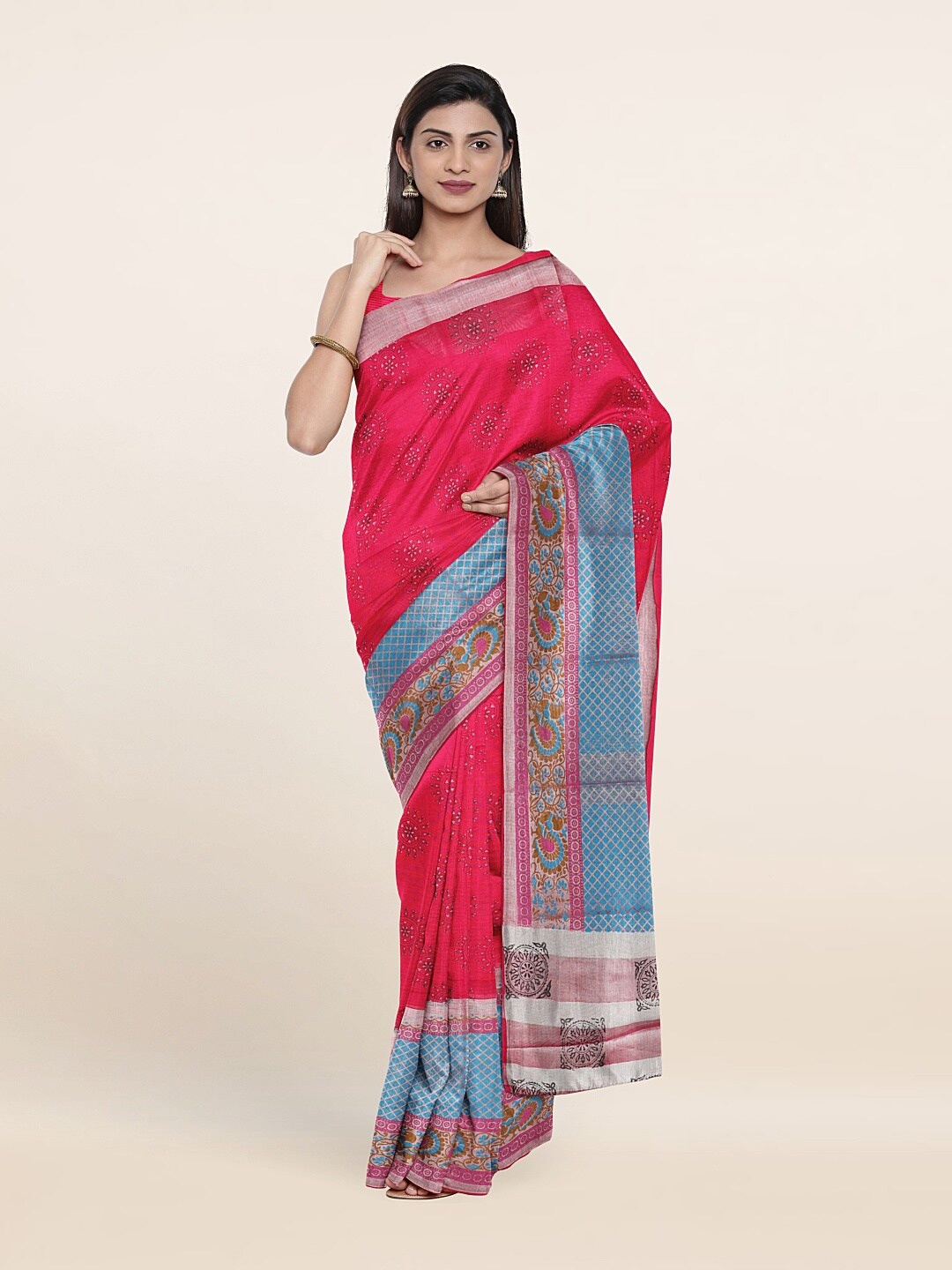 

Pothys Pink & Silver-Toned Floral Zari Pure Cotton Saree