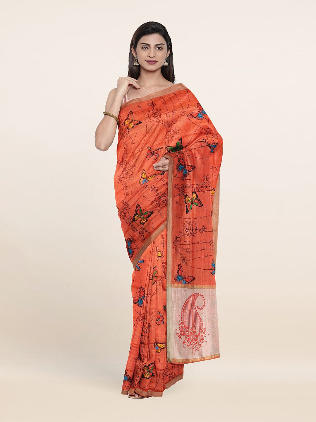 

Pothys Peach-Coloured & Blue Zari Pure Cotton Saree