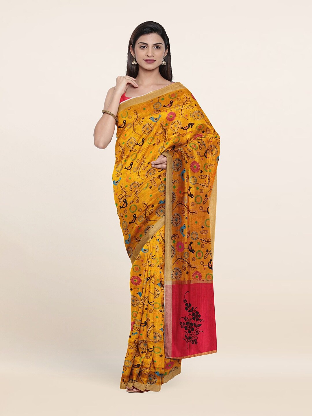 

Pothys Mustard & Gold-Toned Floral Pure Cotton Saree