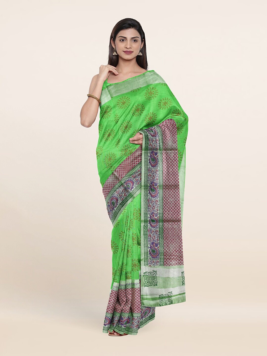 

Pothys Green & Red Ethnic Motifs Pure Cotton Saree
