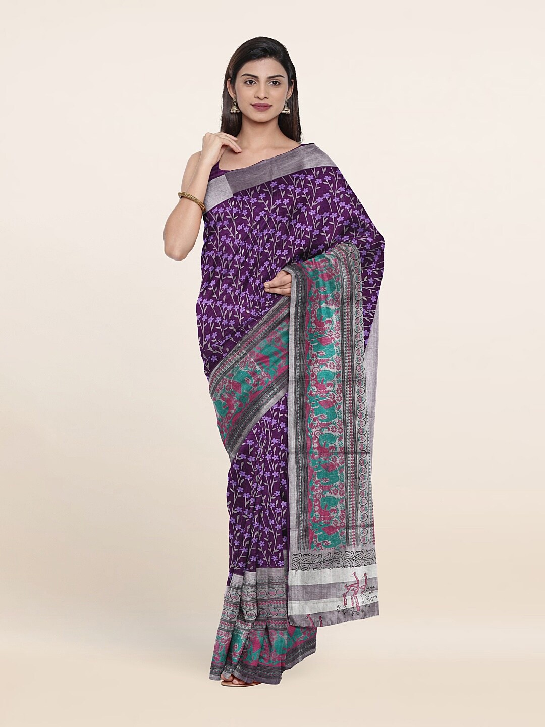 

Pothys Violet & Green Ethnic Motifs Pure Cotton Saree