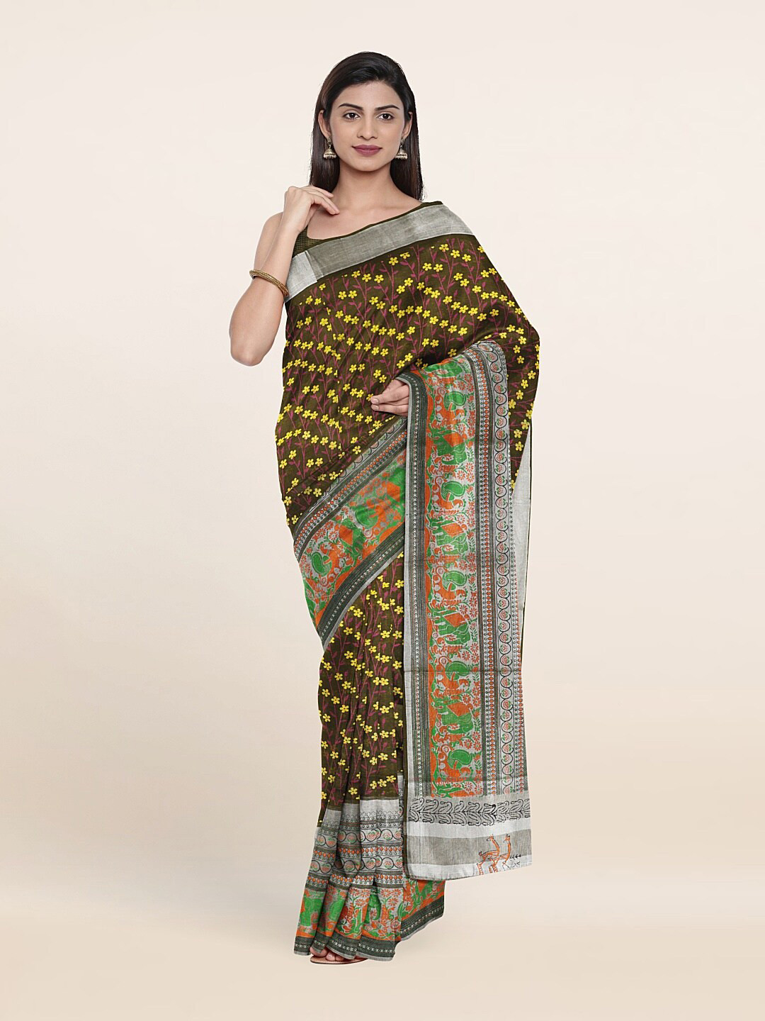 

Pothys Green & Orange Floral Pure Cotton Saree