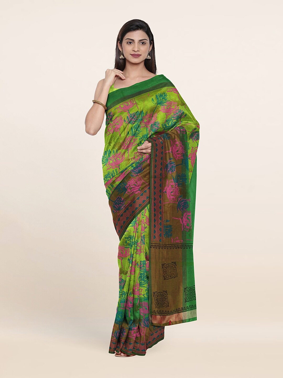 

Pothys Green & Pink Floral Pure Cotton Saree