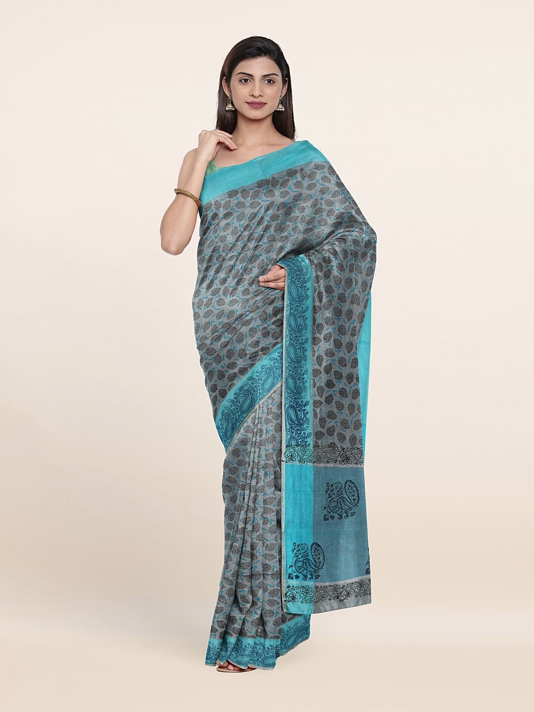 

Pothys Grey & Blue Ethnic Motifs Pure Cotton Saree