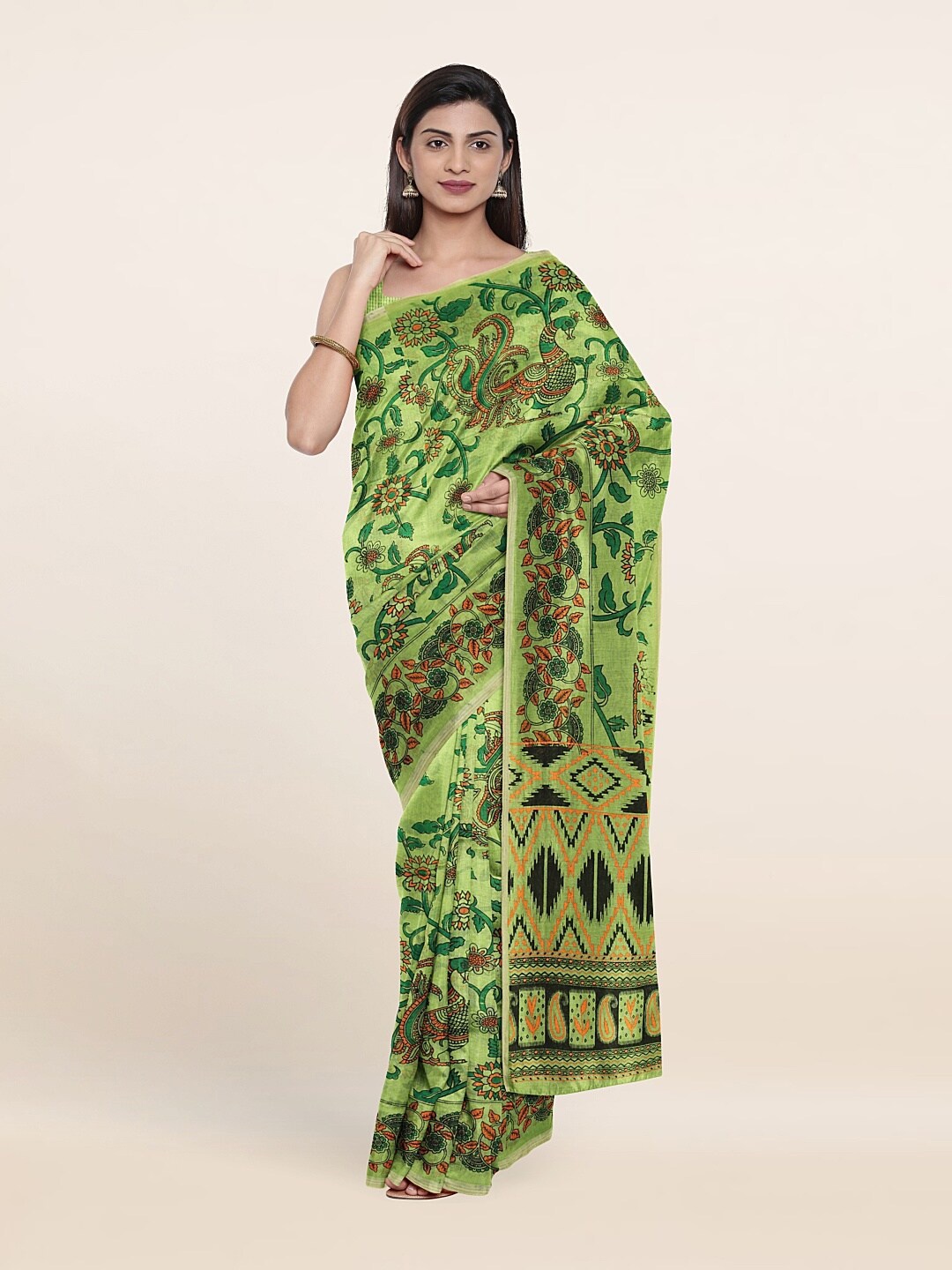 

Pothys Green & Orange Floral Pure Cotton Saree