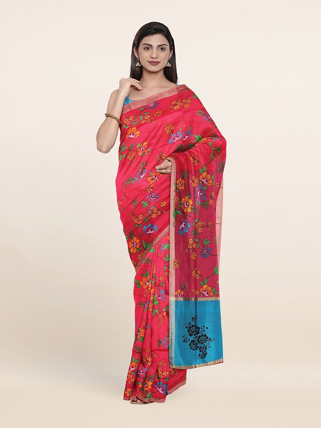 

Pothys Pink & Blue Floral Zari Pure Cotton Saree