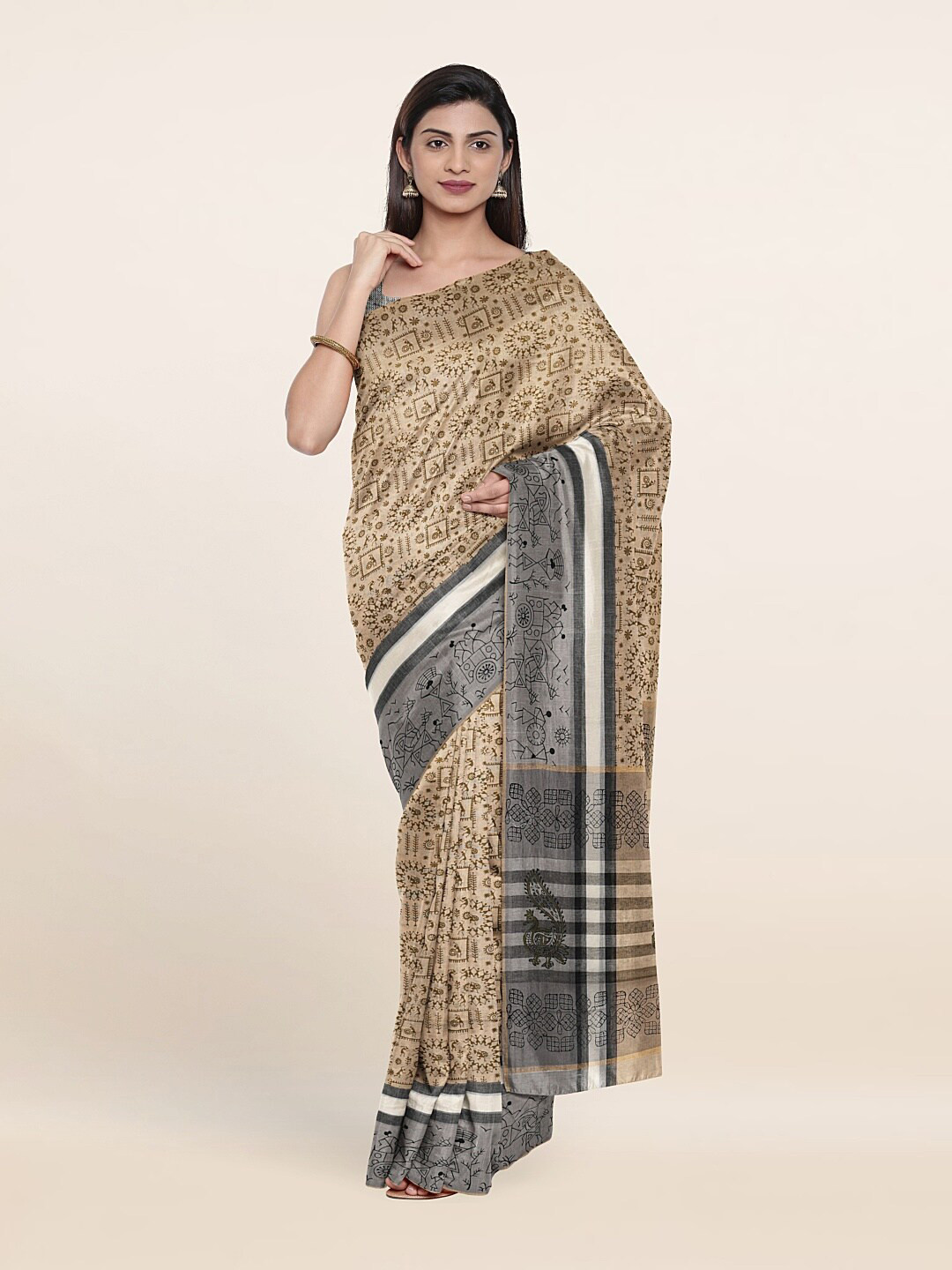 

Pothys Beige & Grey Ethnic Motifs Pure Cotton Saree