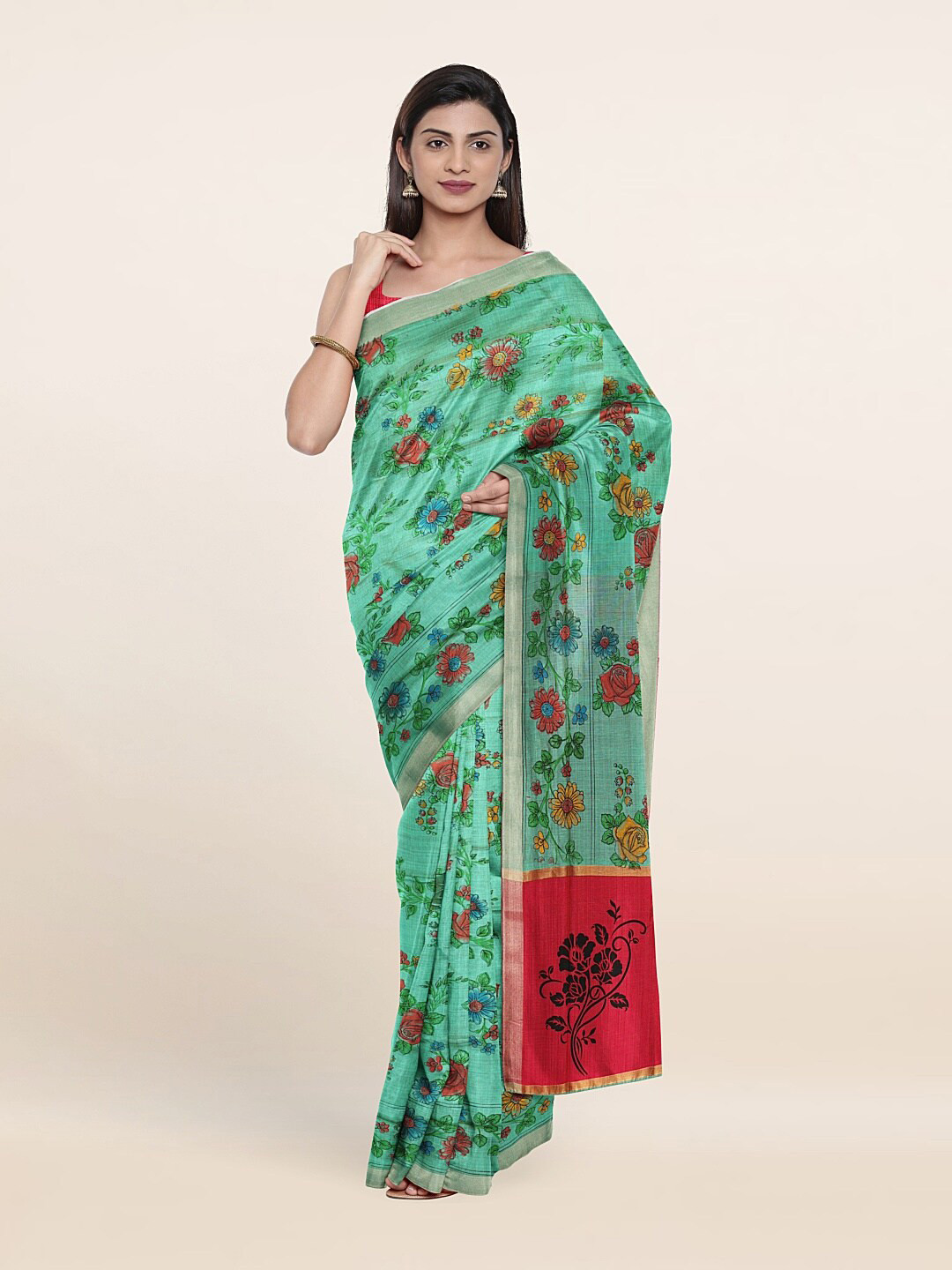 

Pothys Green & Mustard Floral Pure Cotton Saree