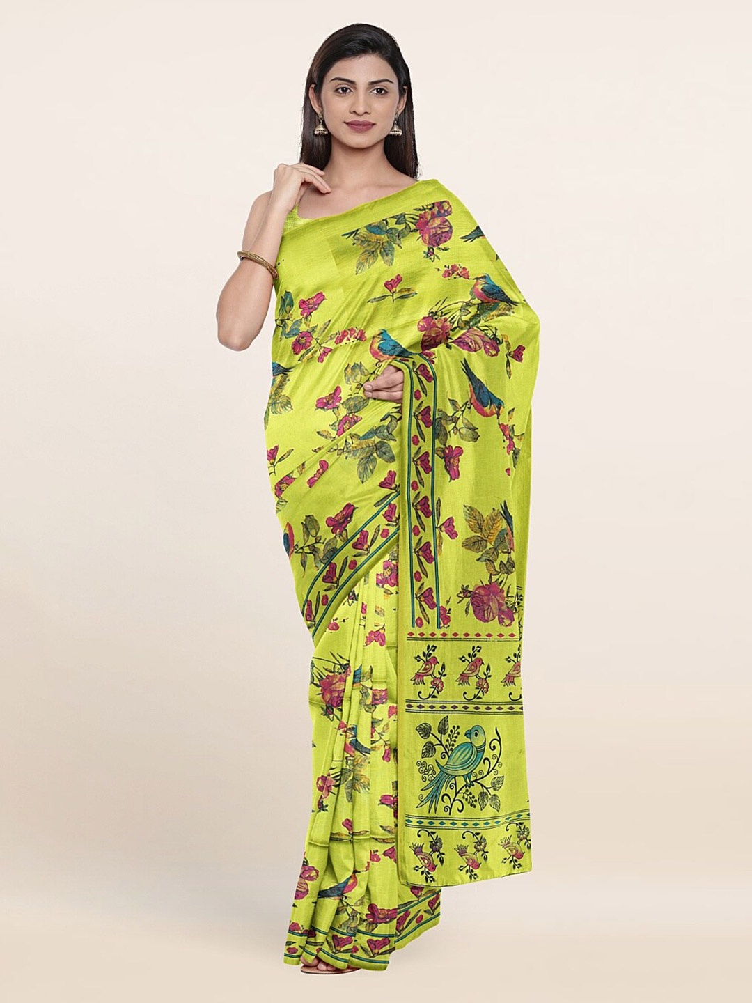 

Pothys Green & Pink Floral Printed Pure Cotton Saree