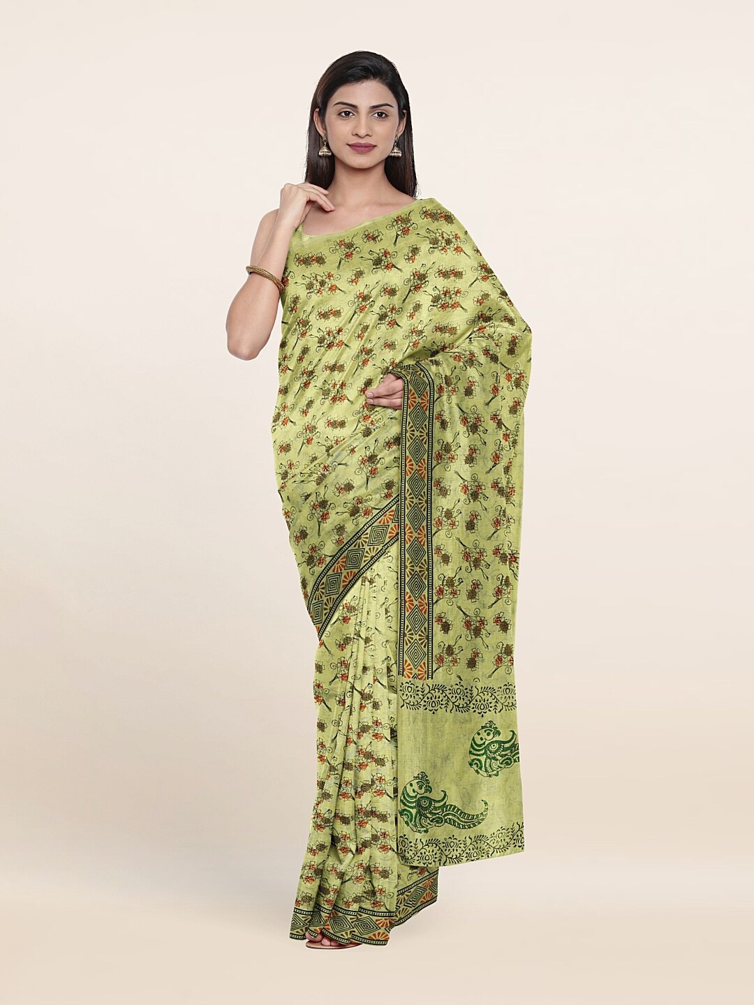 

Pothys Green & Black Floral Pure Cotton Saree