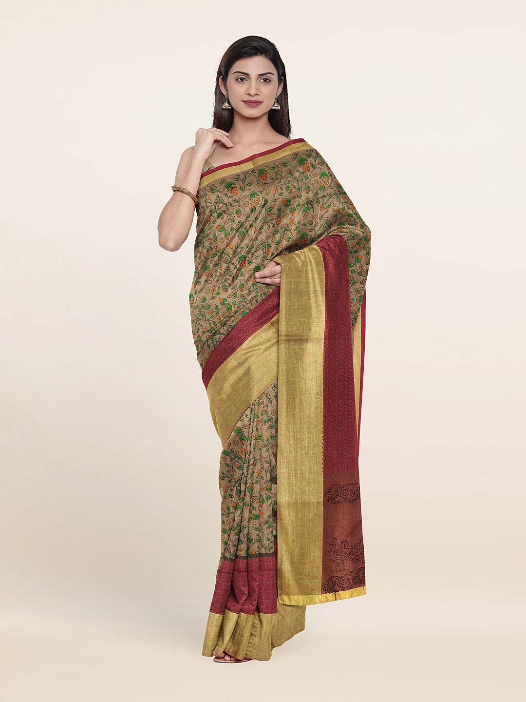 

Pothys Brown & Green Floral Pure Cotton Saree