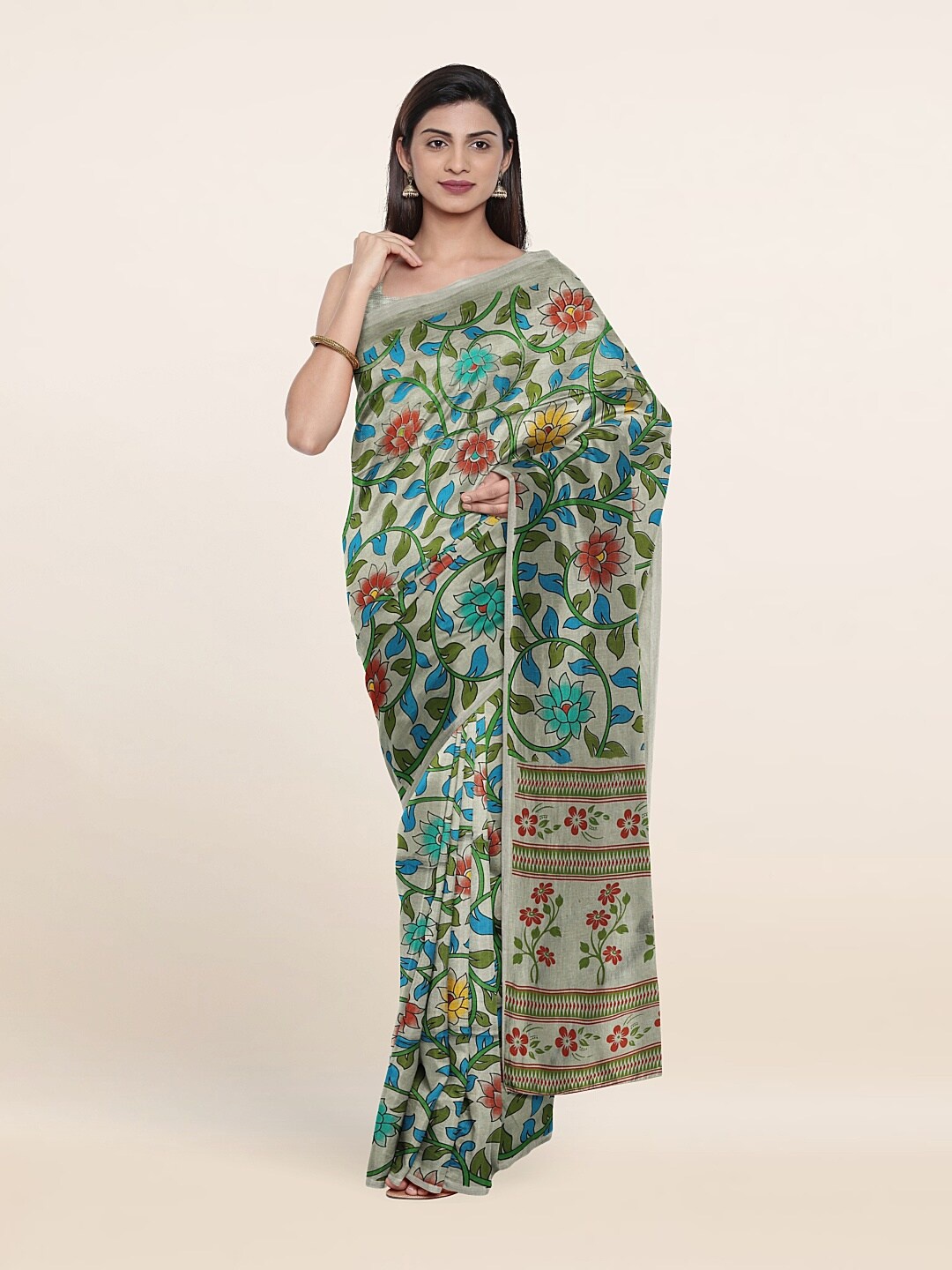 

Pothys Grey & Green Floral Pure Cotton Saree