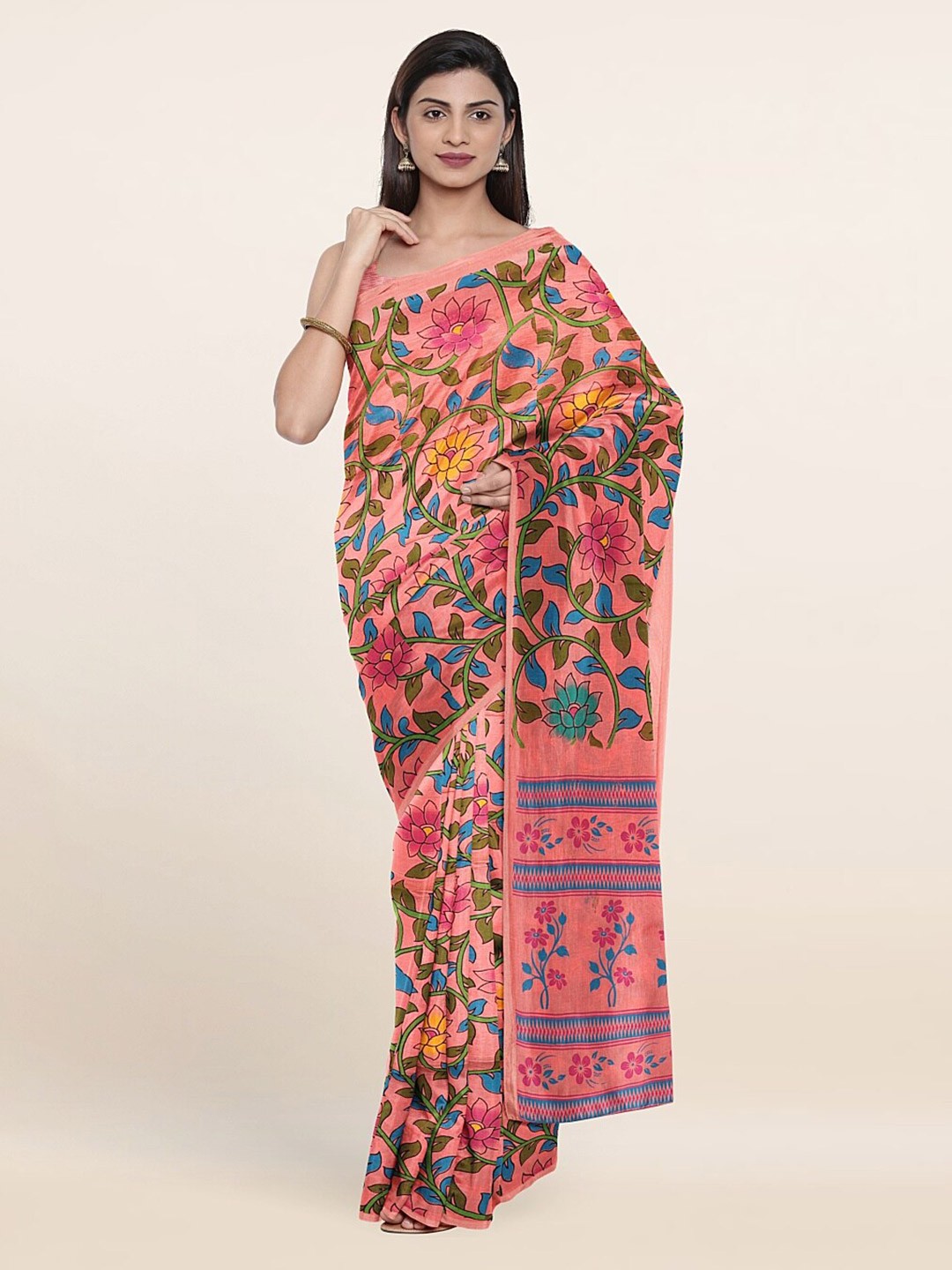 

Pothys Pink & Green Floral Pure Cotton Saree