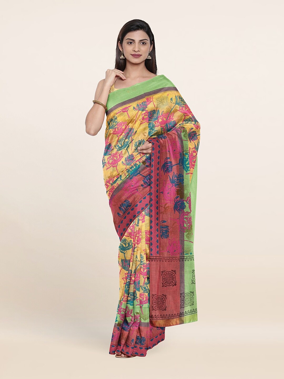 

Pothys Cream-Coloured & Green Floral Pure Cotton Saree