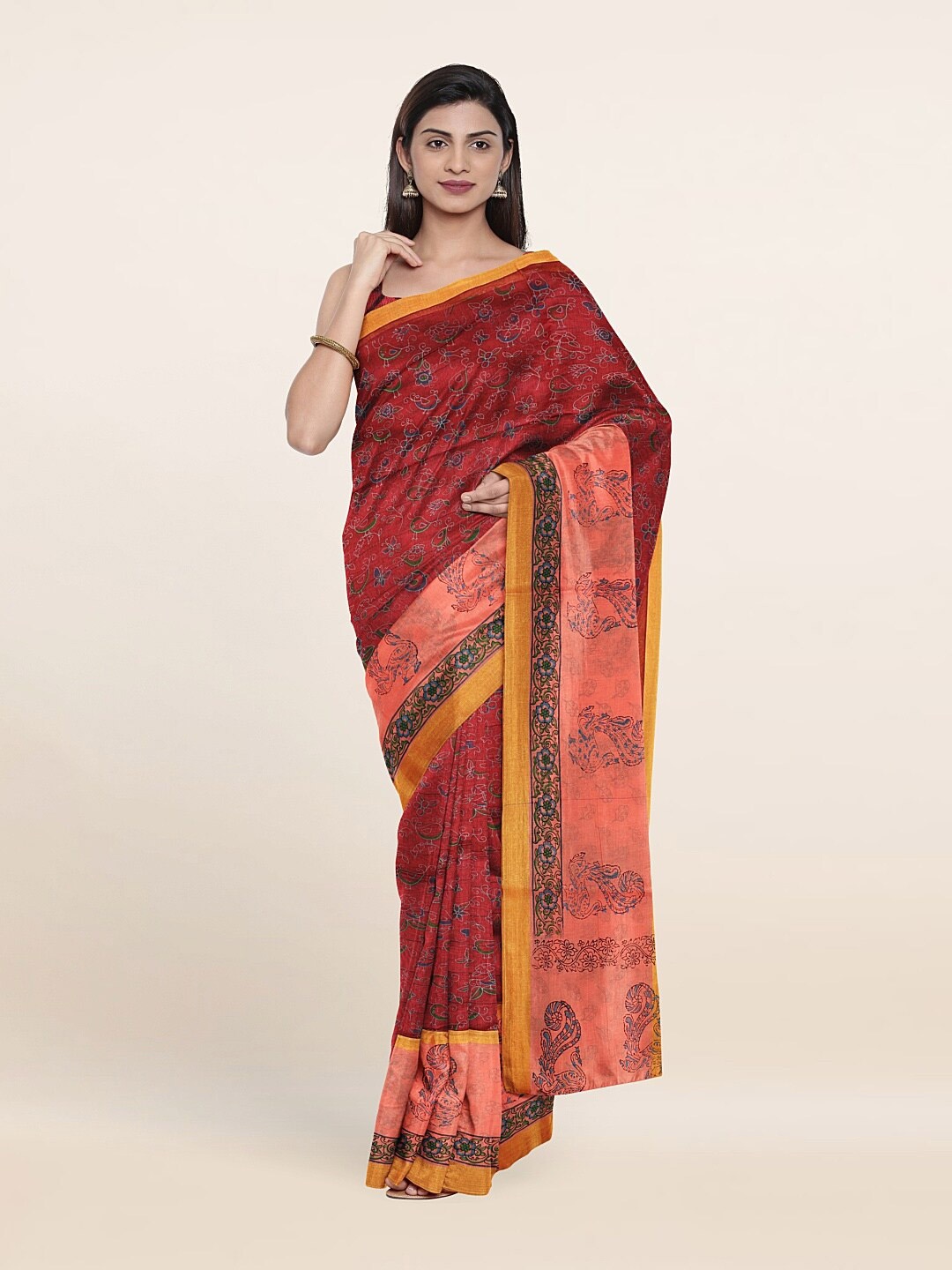 

Pothys Maroon & Blue Ethnic Motifs Pure Cotton Saree