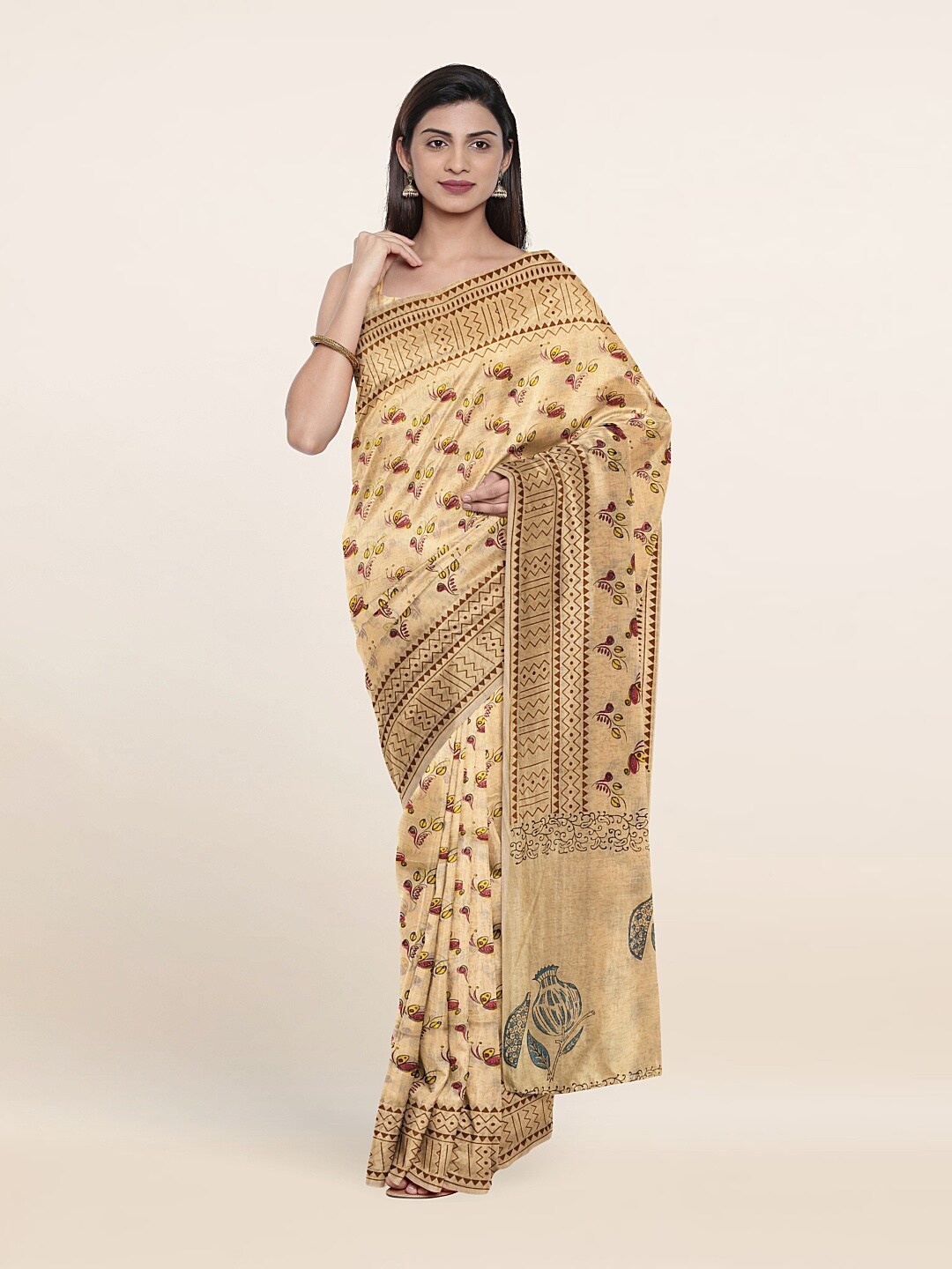 

Pothys Cream-Coloured & Blue Floral Pure Cotton Saree