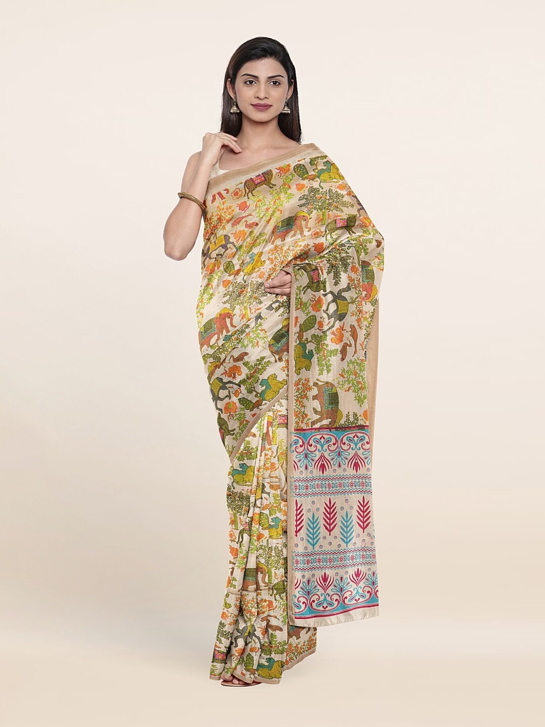 

Pothys Cream-Coloured & Green Floral Pure Cotton Saree