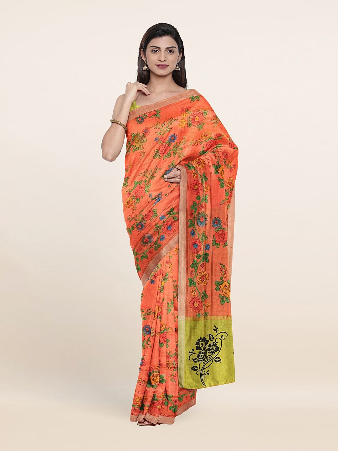 

Pothys Peach-Coloured & Green Floral Pure Cotton Saree
