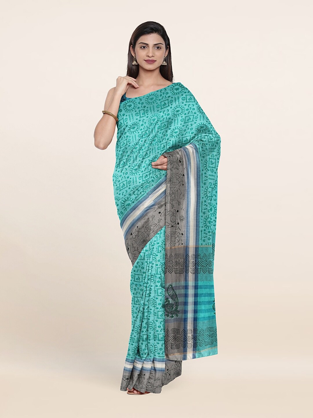 

Pothys Blue Printed Ethnic Motifs Pure Cotton Saree