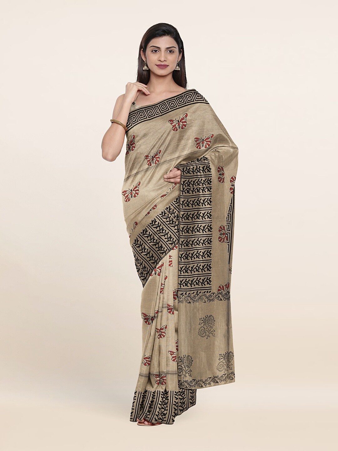 

Pothys Tan & Black Printed Pure Cotton Saree
