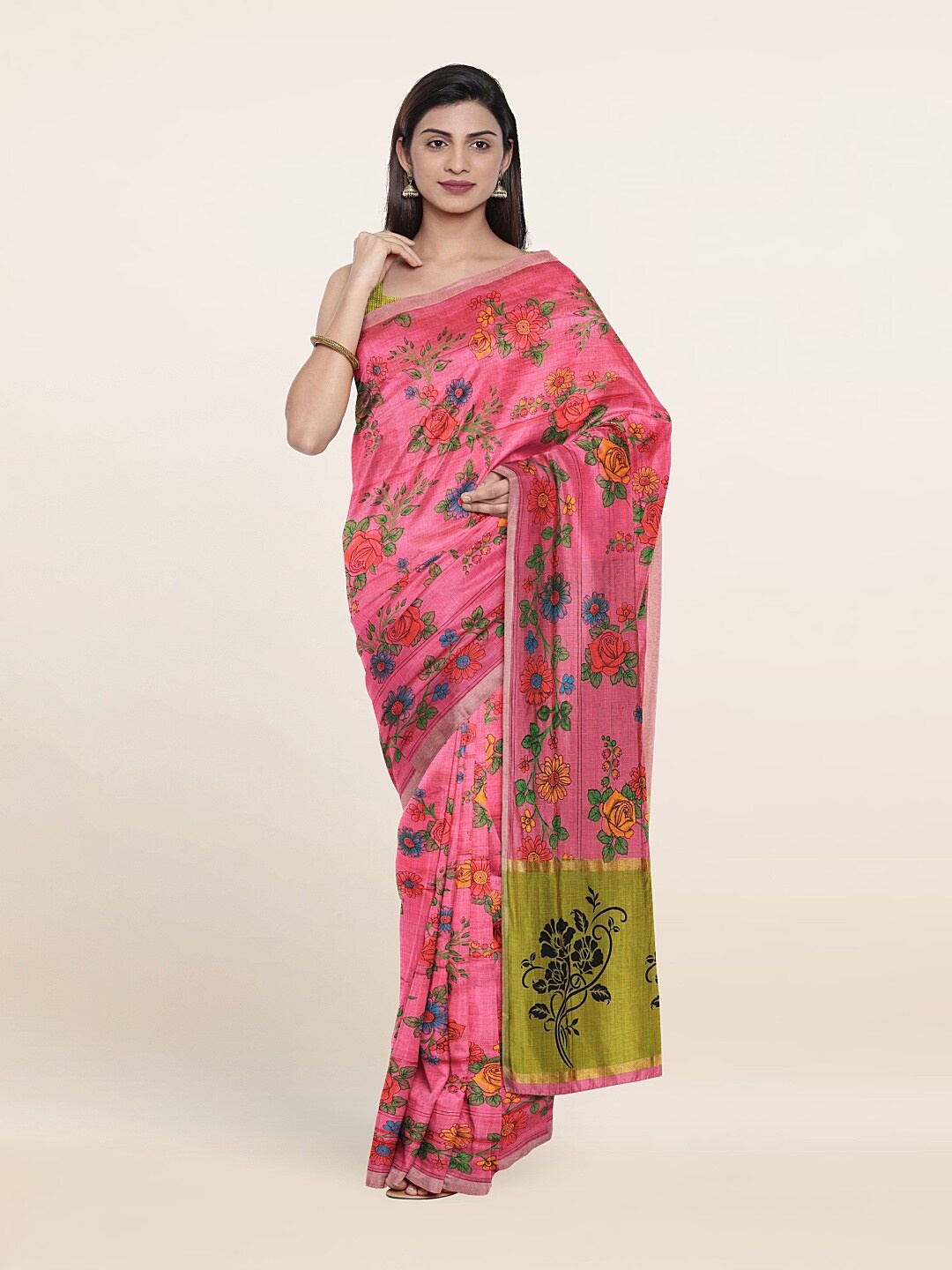 

Pothys Pink & Green Printed Floral Pure Cotton Saree