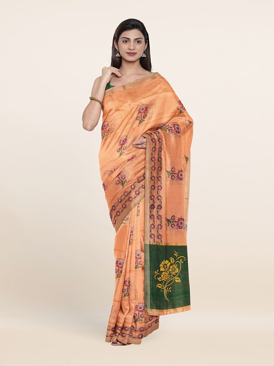 

Pothys Peach-Coloured & Green Printed Floral Pure Cotton Saree