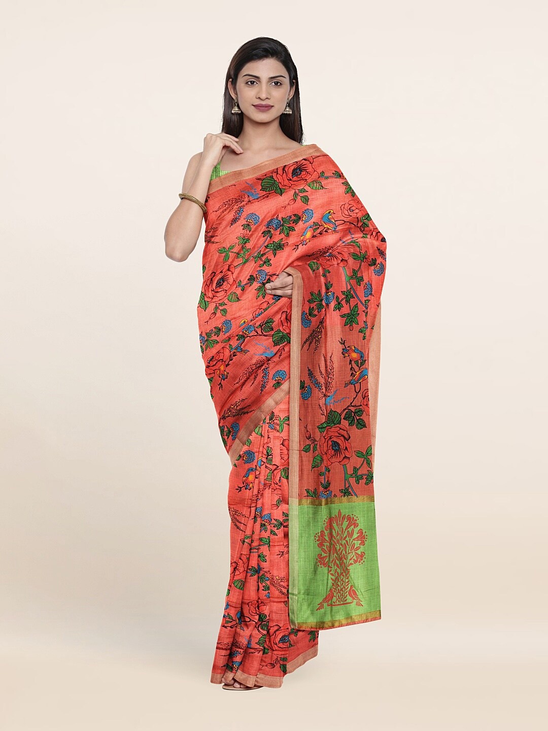 

Pothys Peach-Coloured & Green Printed Floral Pure Cotton Saree