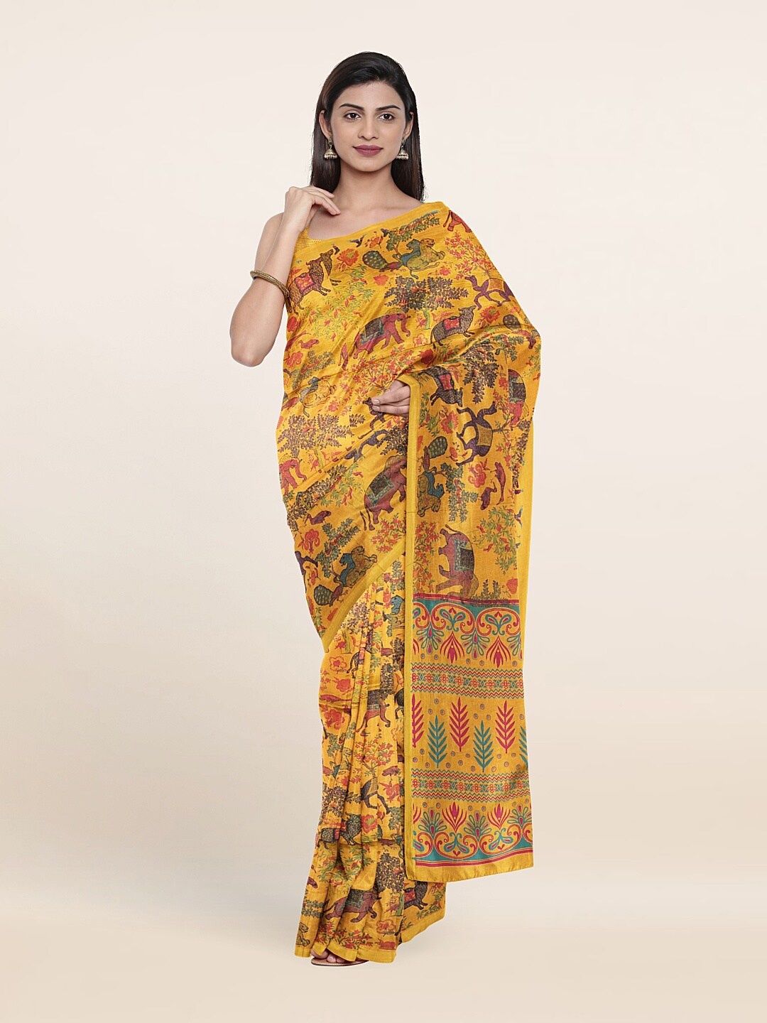 

Pothys Mustard & Pink Printed Floral Pure Cotton Saree