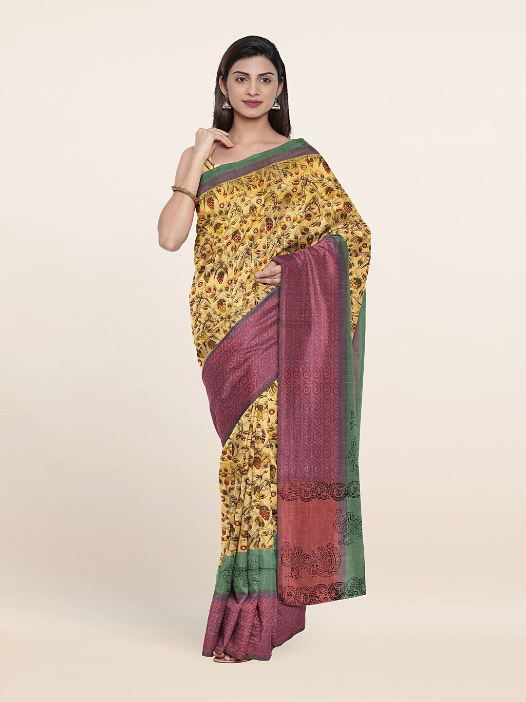

Pothys Cream-Coloured & Pink Floral Pure Cotton Saree