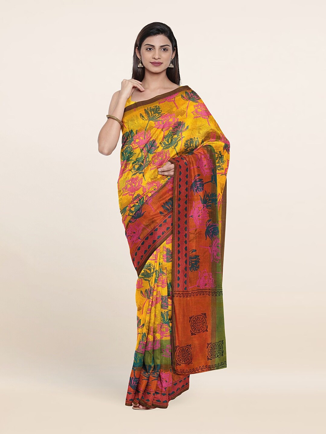 

Pothys Yellow & Orange Floral Pure Cotton Saree