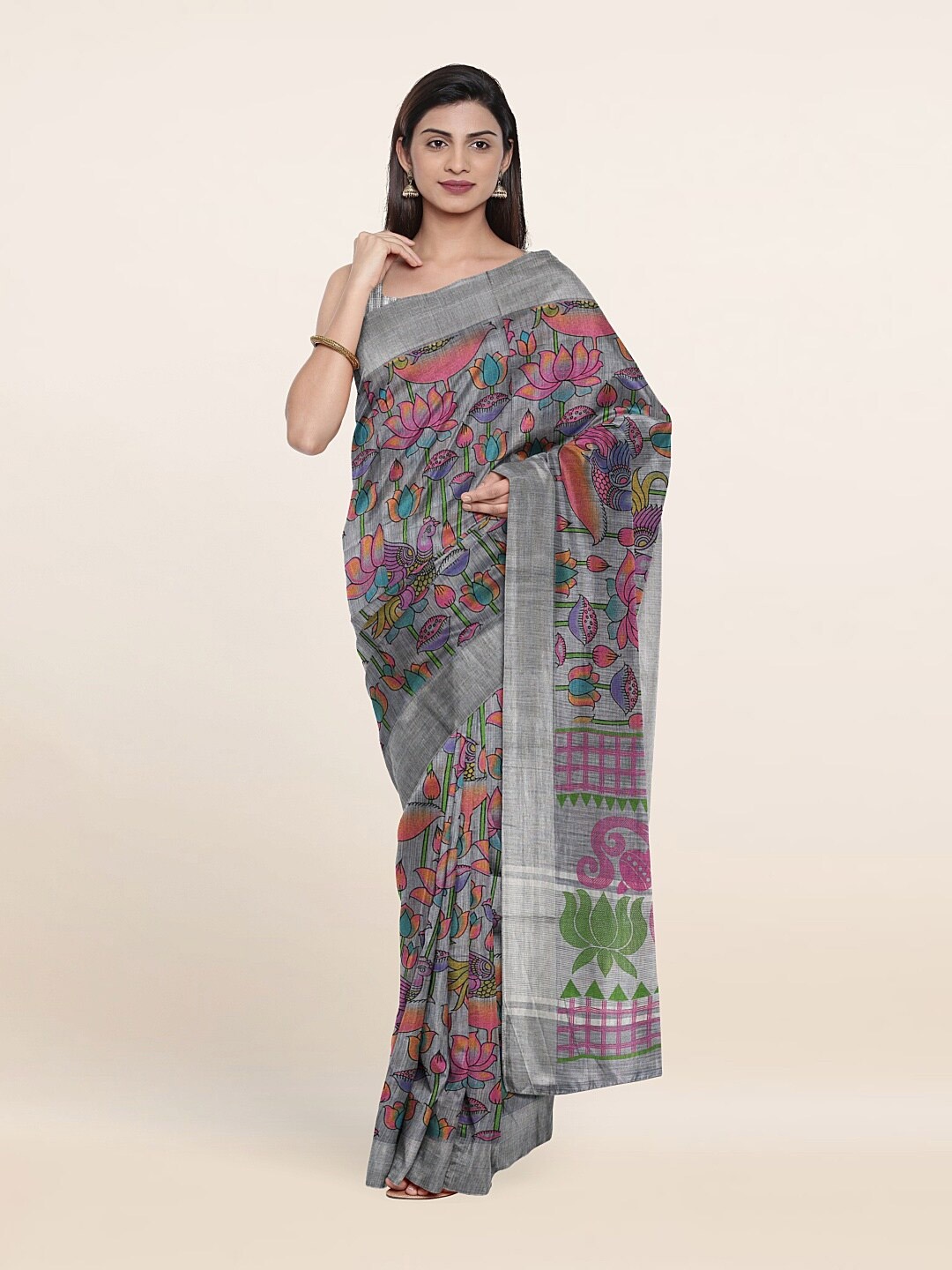 

Pothys Grey & Pink Floral Pure Cotton Saree