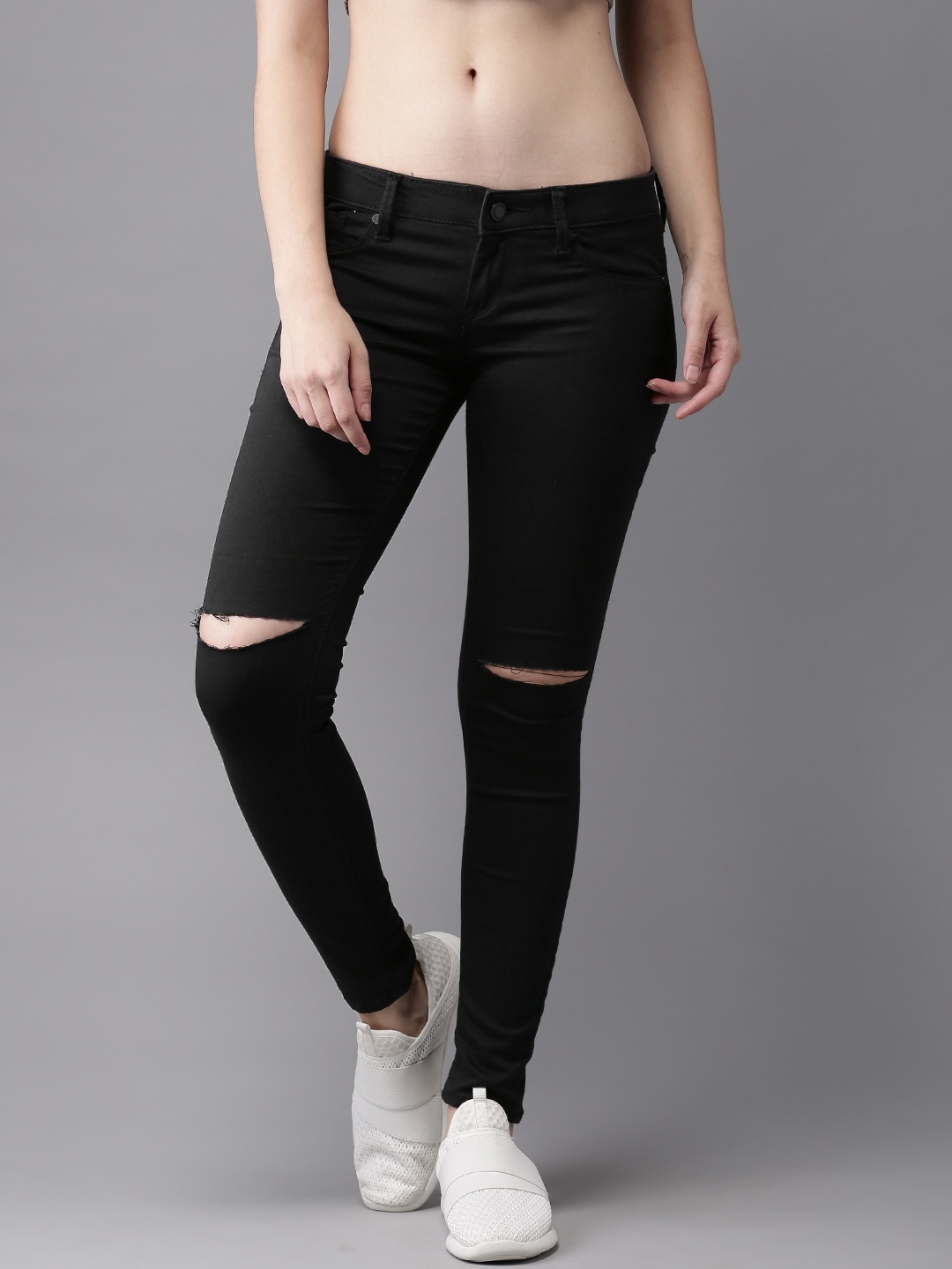 

HERE&NOW Women Black Mid-Rise Skinny Fit Slash Knee Stretchable Jeans