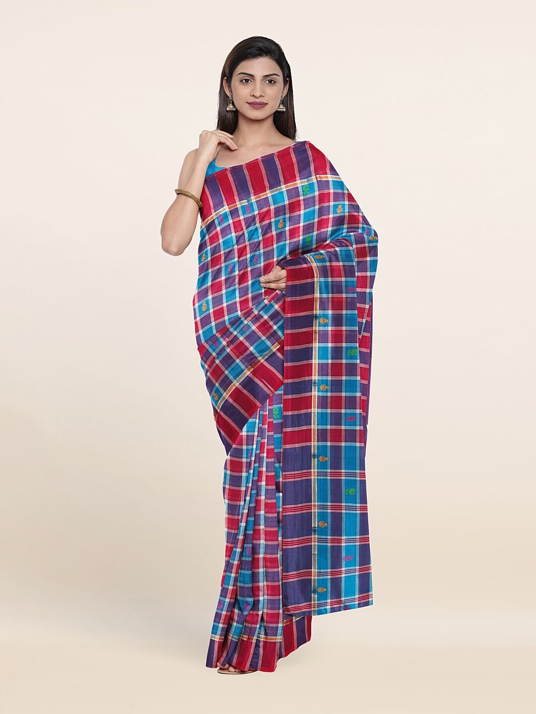 

Pothys Pink & Blue Checked Pure Cotton Saree