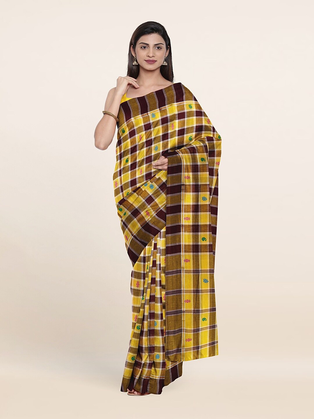 

Pothys Yellow & Brown Checked Pure Cotton Saree