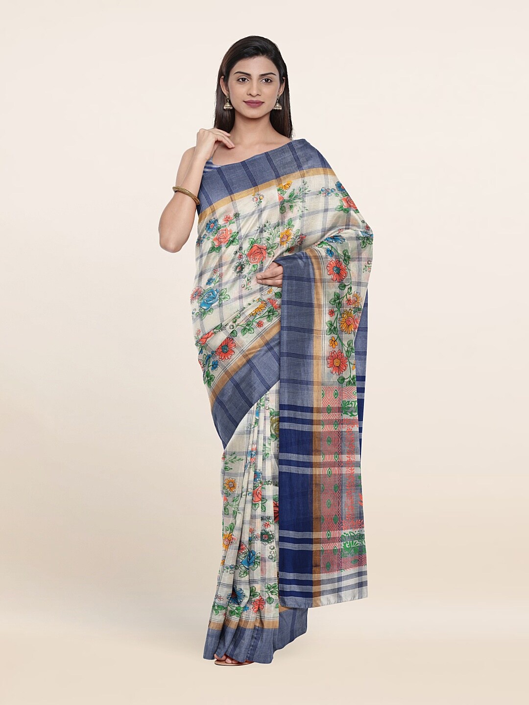 

Pothys Off White & Blue Floral Pure Cotton Saree