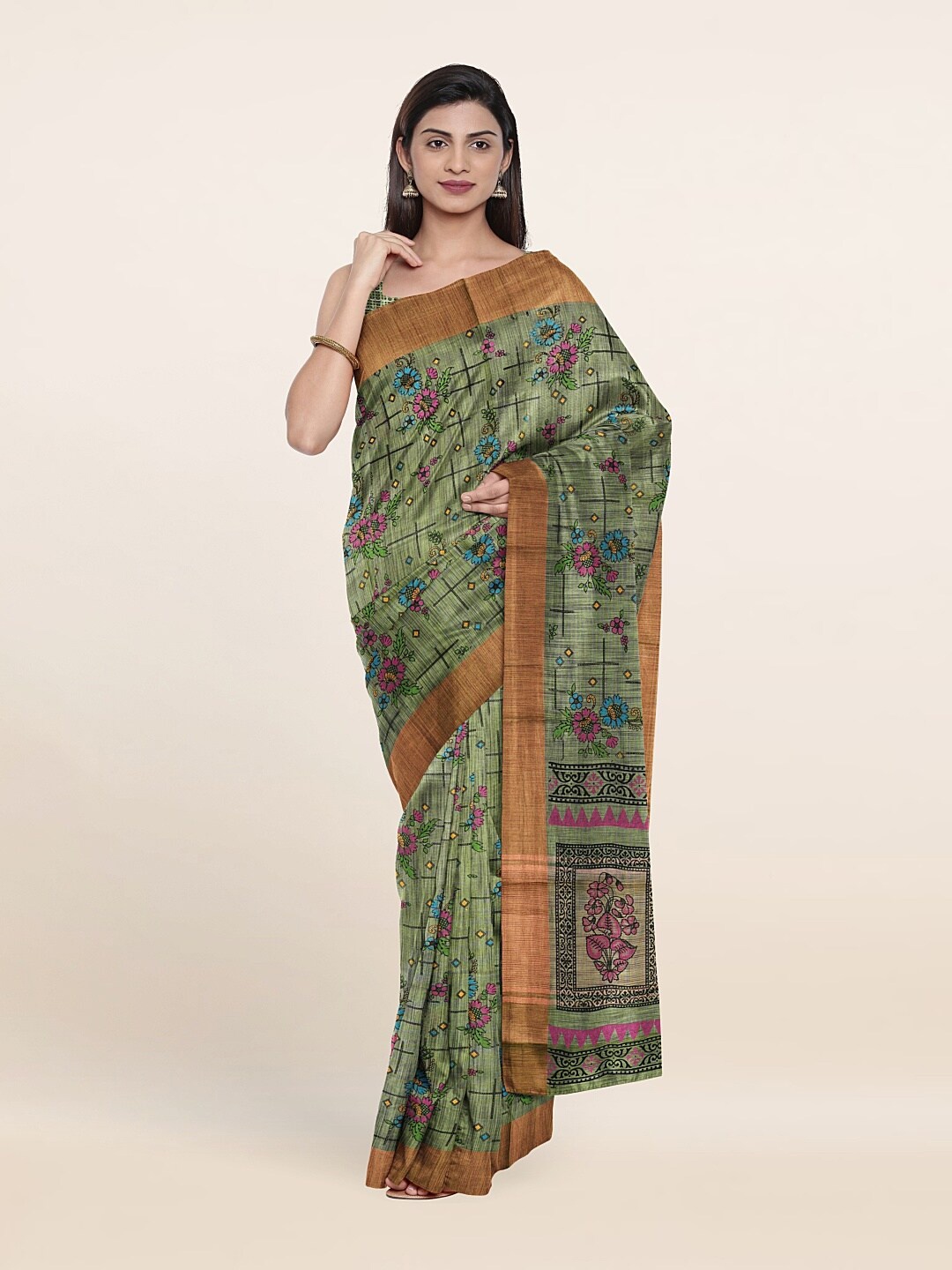 

Pothys Green & Pink Floral Zari Pure Cotton Saree