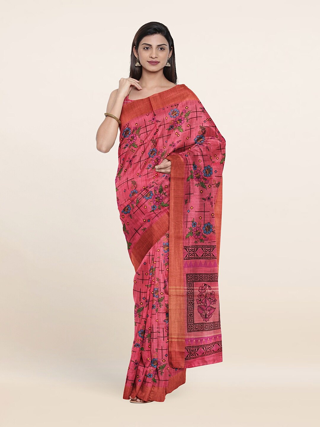 

Pothys Pink & Green Floral Pure Cotton Saree